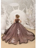 Chocolate Lace Tulle Horsehair Hem Pearl Buttons Back Flower Girl Dress